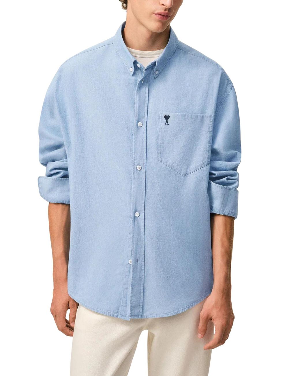 AMI Blue Ami Logo Embroidered Long-Sleeve Shirt for men