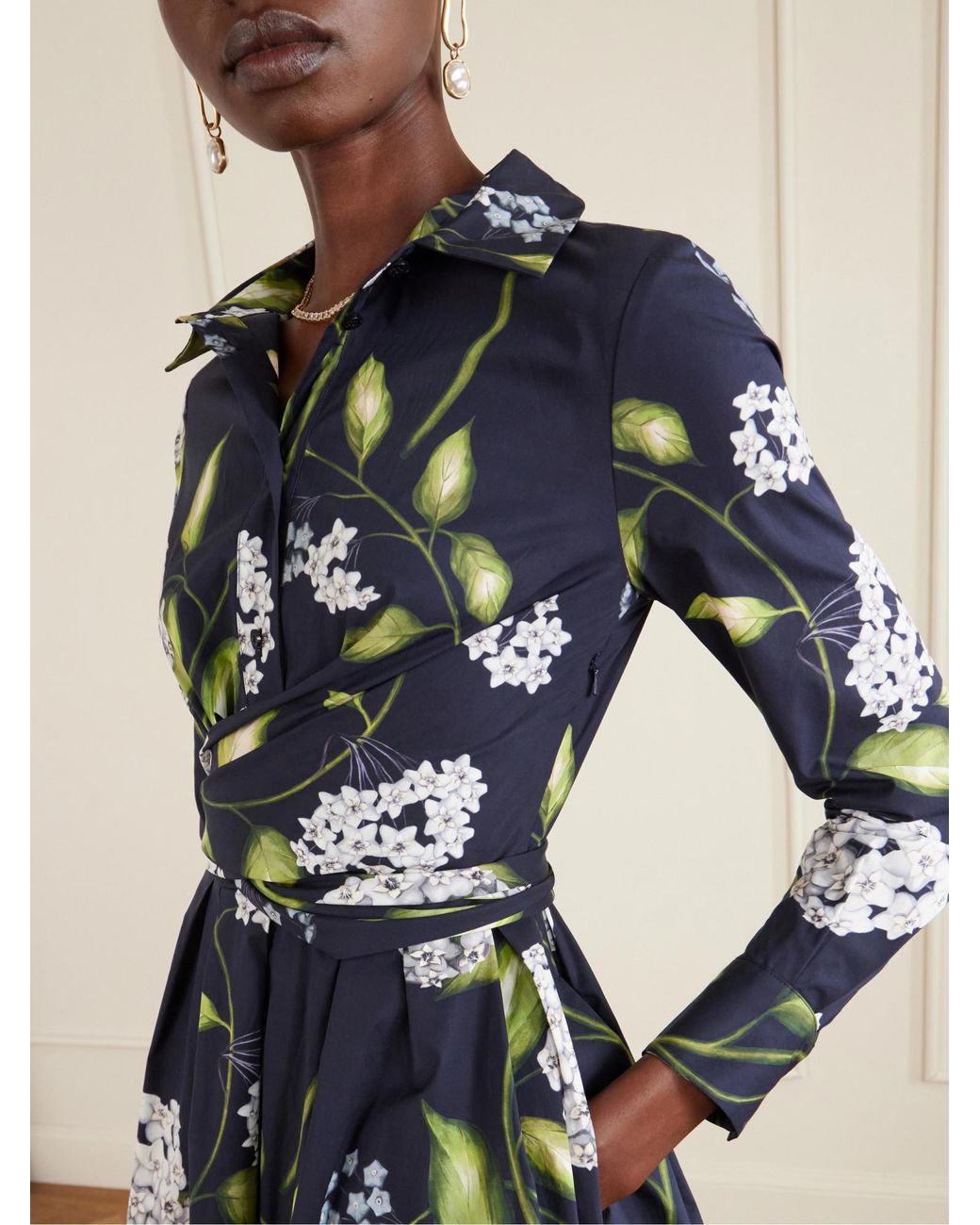 Oscar de la Renta Blue Wrap-Effect Floral-Print Cotton-Blend Poplin Shirt Dress