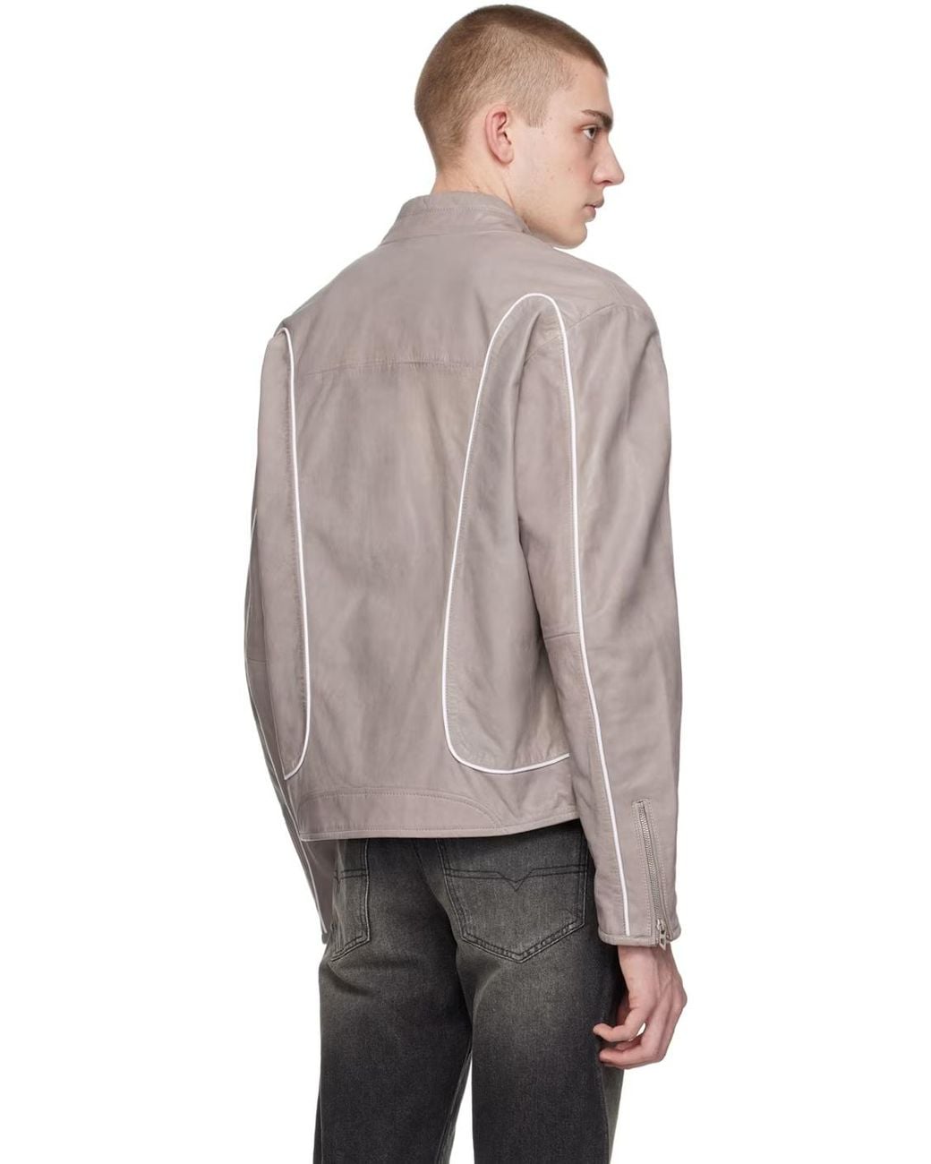 DIESEL Gray Leather Biker Jacket for men