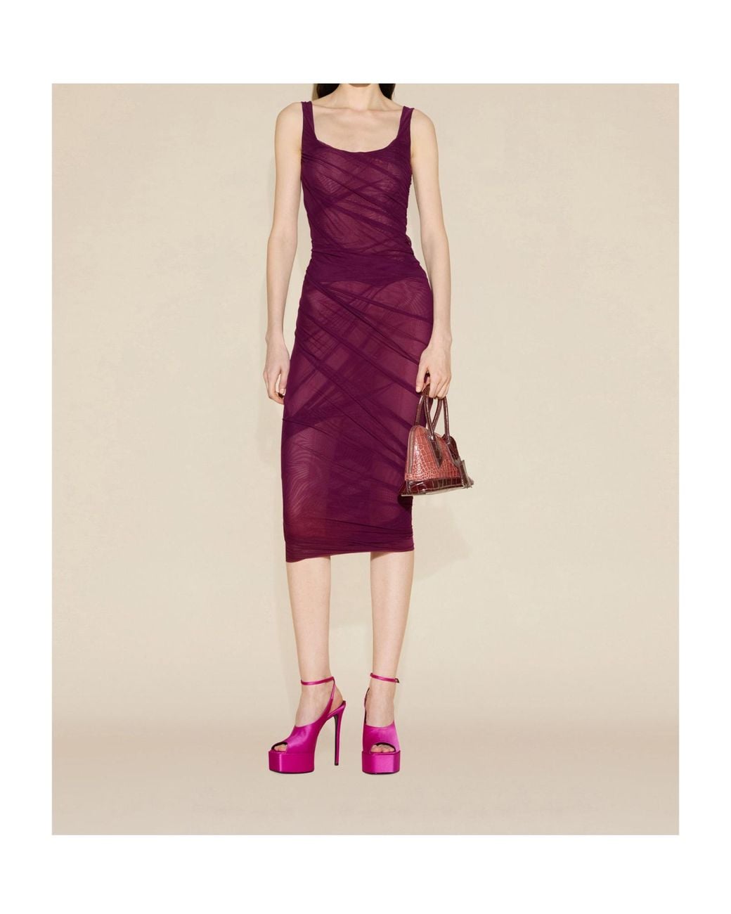 The Attico Purple Square-Neck Mesh Sleeveless Dress
