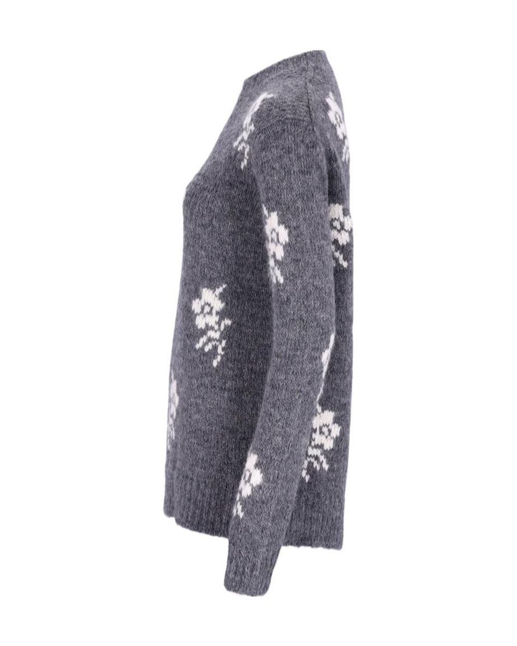 Jil Sander Blue Floral-Pattern Crew-Neck Sweater