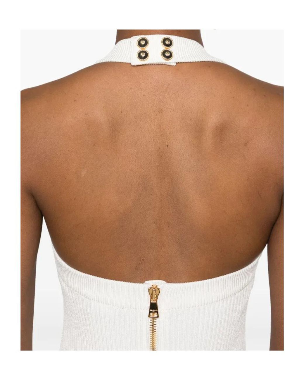 Balmain White Halterneck Ribbed Knit Mini Dress