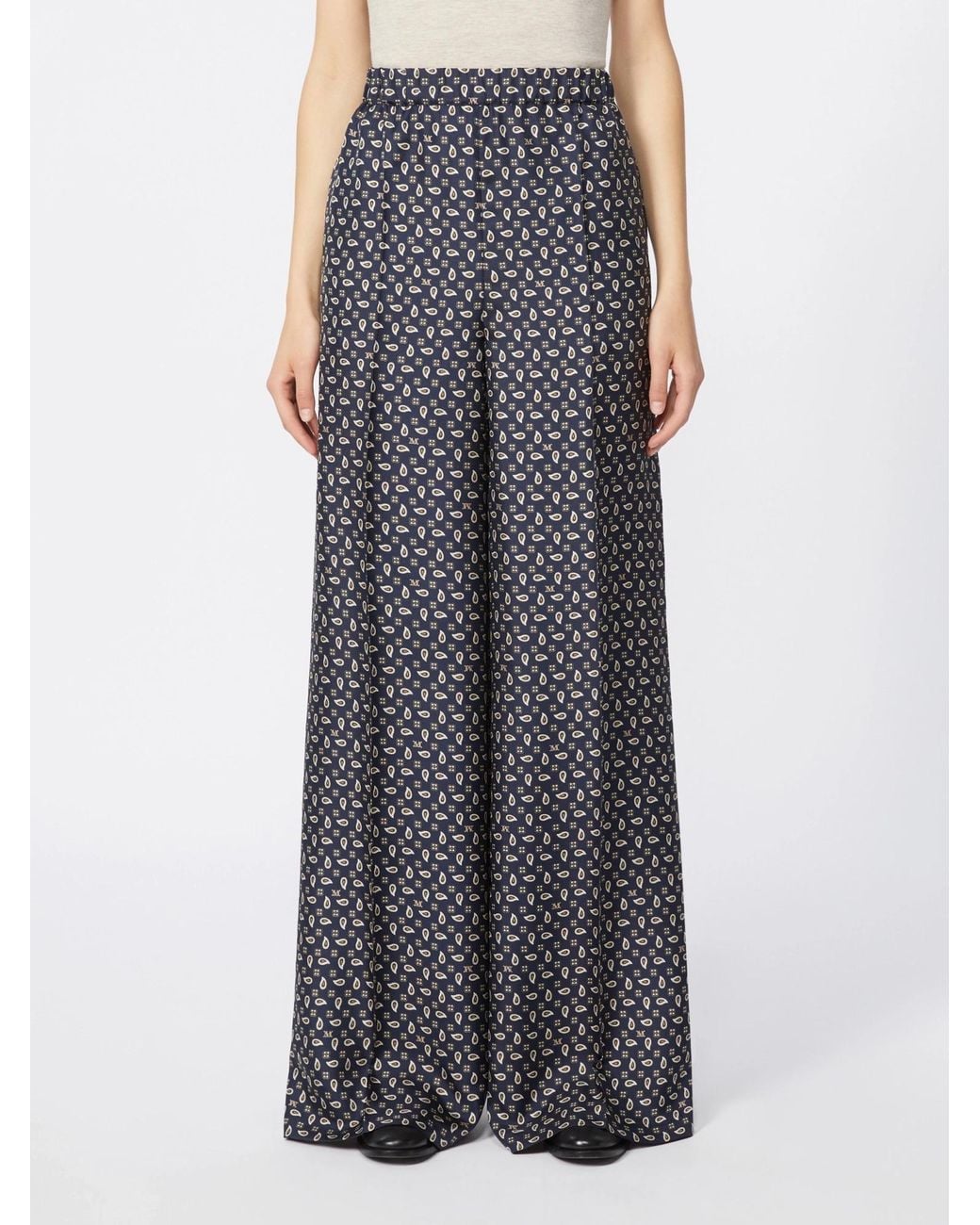 Max Mara Gray Silk Twill Printed Wide-Leg Trousers