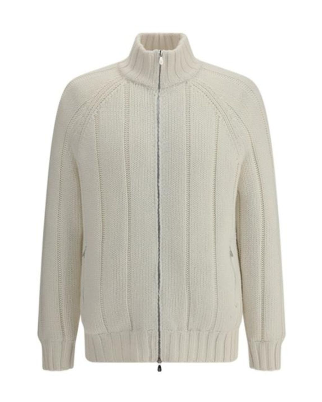 Brunello Cucinelli White Zip-Up Ribbed-Knit Jacket for men