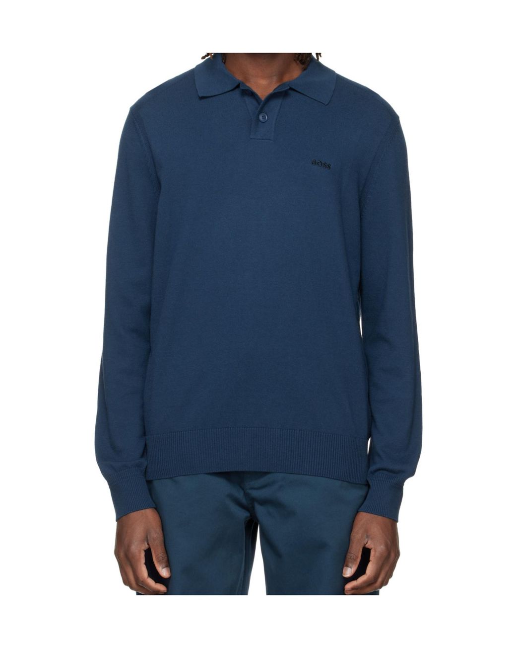 Boss Blue Logo-Embroidered Buttoned Polo Top for men