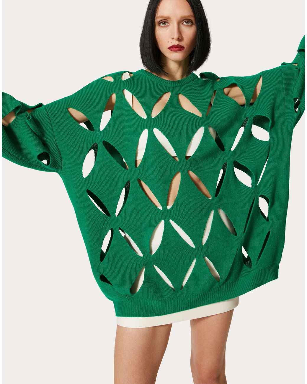 Valentino Green Hollowed-Out Diamond Embroidered Knitted Pullover