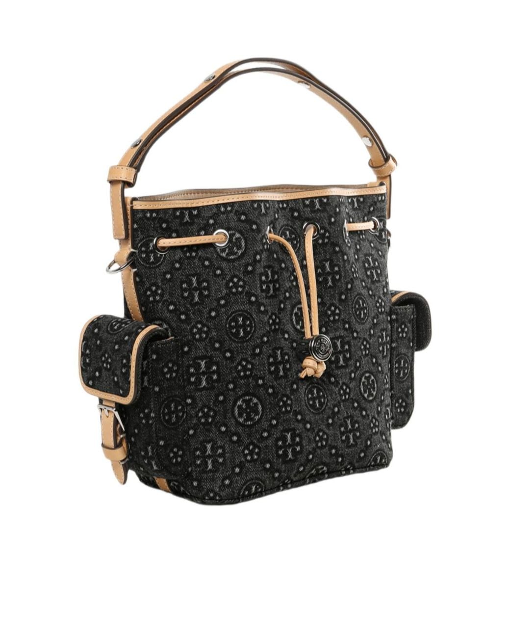 Tory Burch Black Drawstring Pattern Bucket Bag