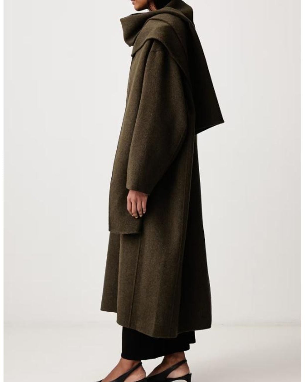 Soeur Green Scarf-Collar Wool Long Coat