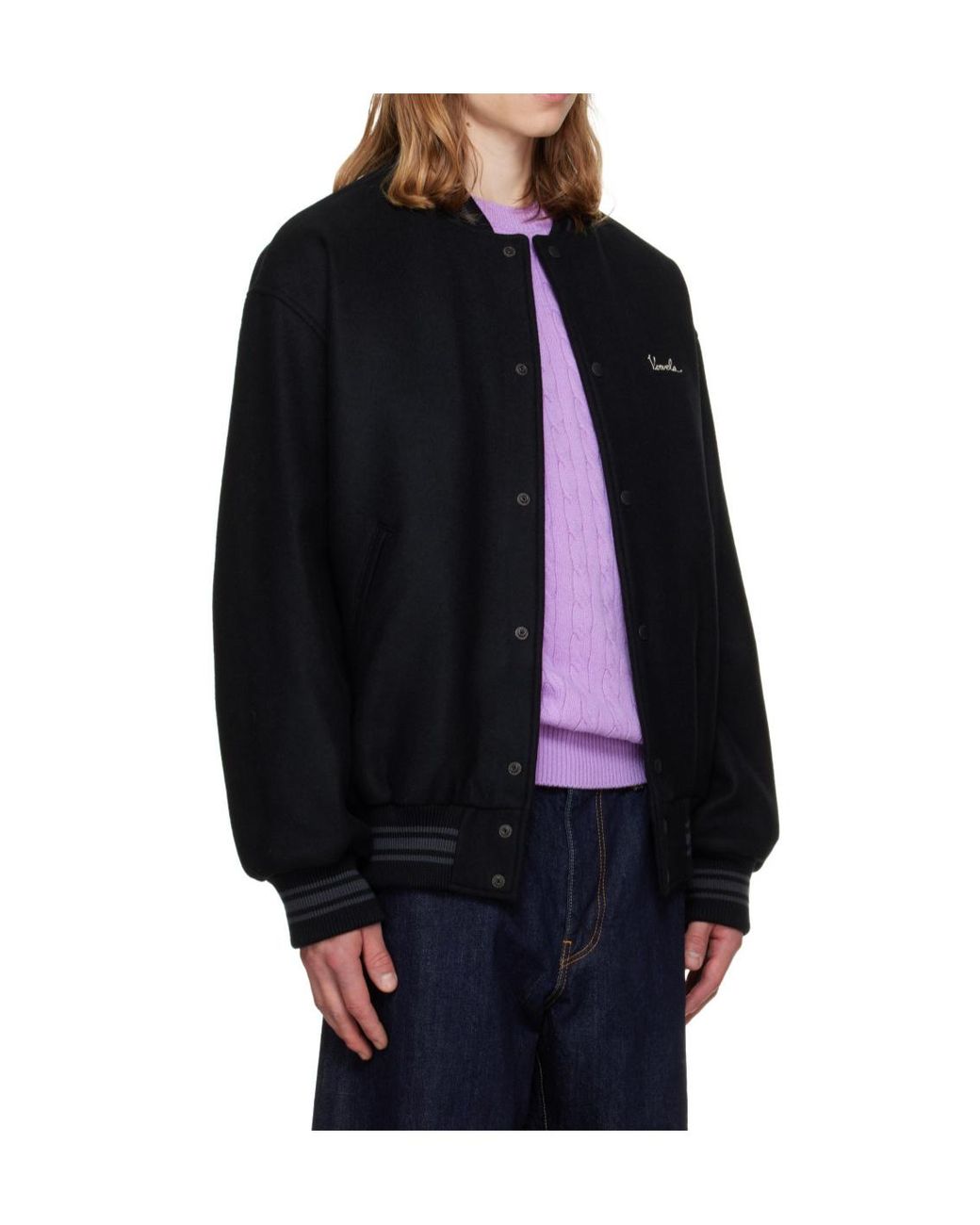 vowels Blue Stand-Collar Baseball Jacket for men