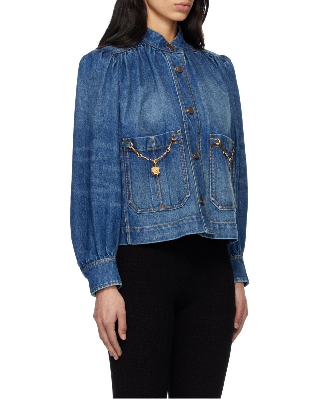Chloé Blue Chloé High-Neck Gathered Denim Jacket