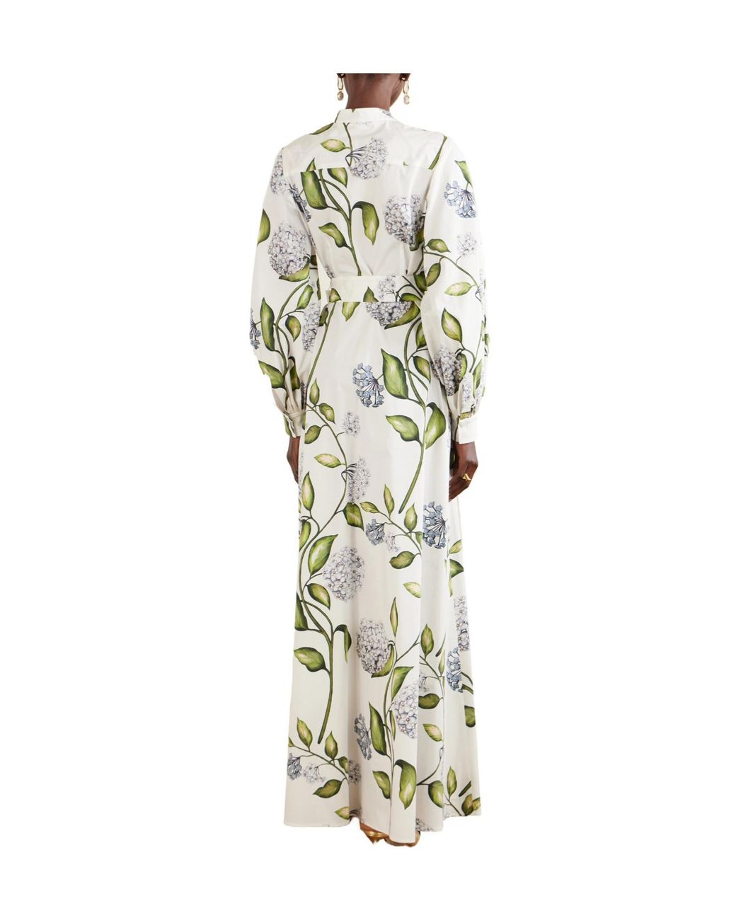 Oscar de la Renta Green Belted Floral-Print Cotton-Poplin Dress