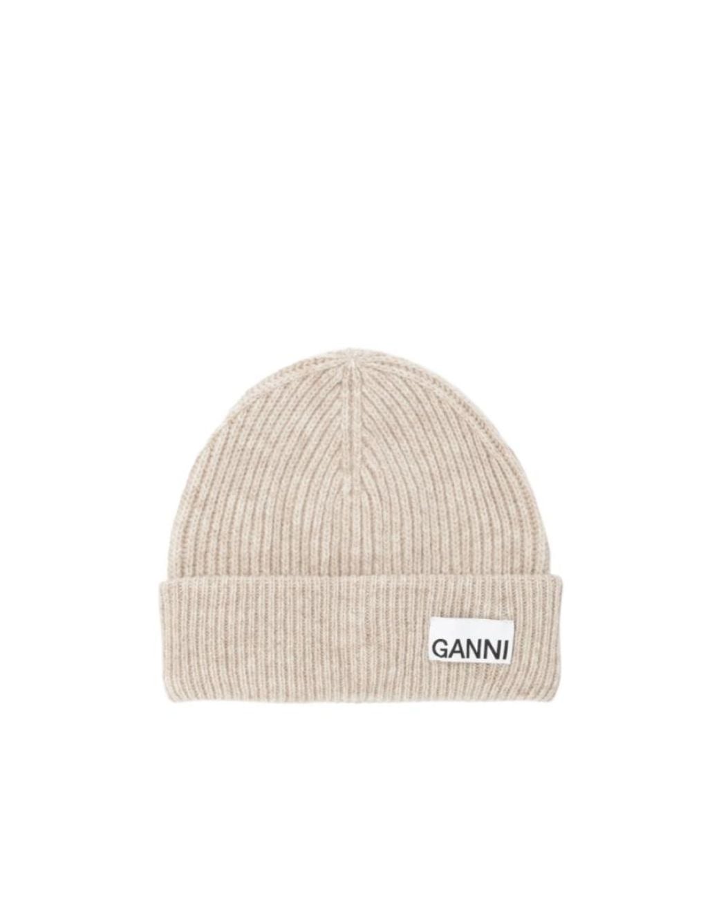 Ganni Natural Fitted Rib Knit Beanie