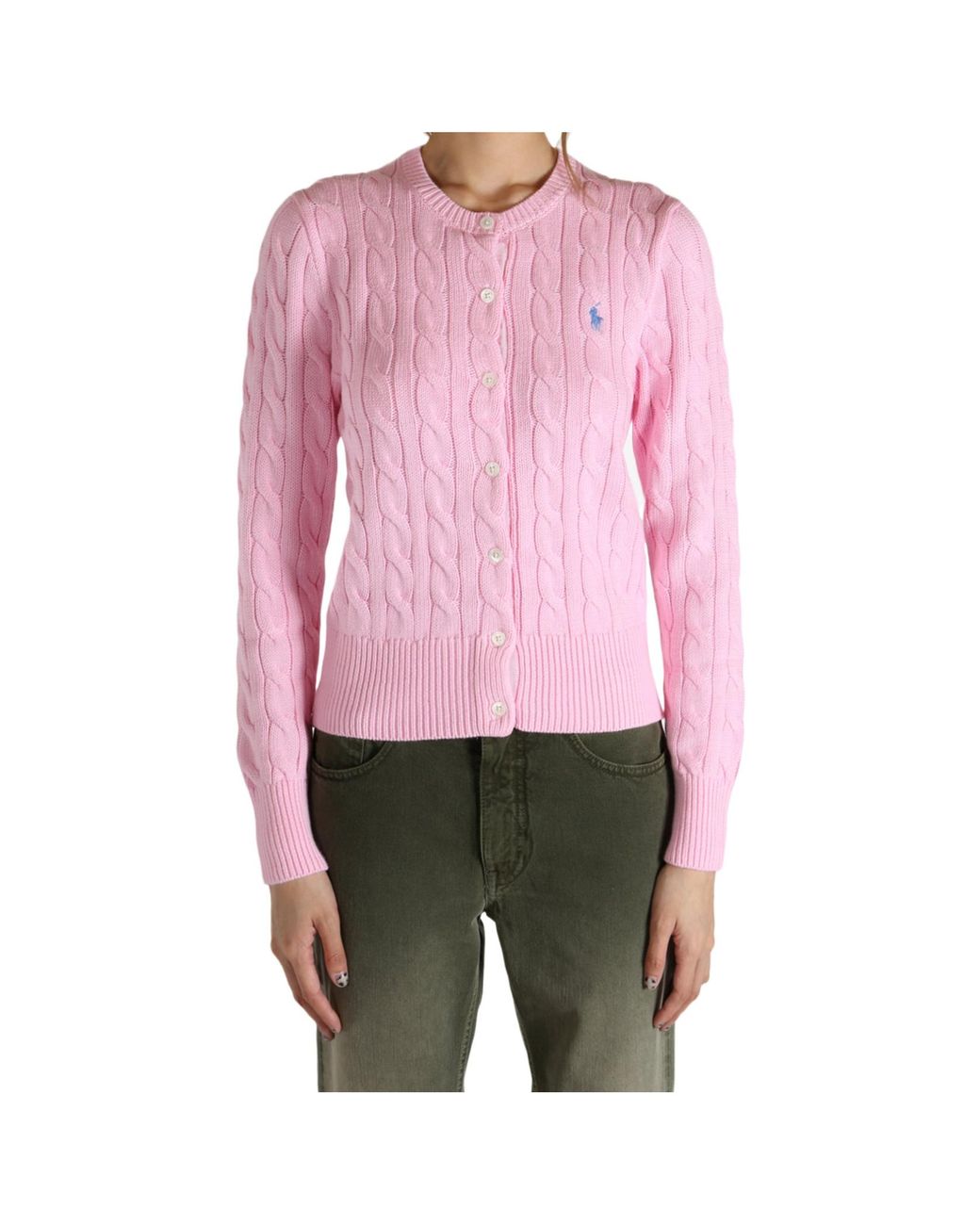 Polo Ralph Lauren Pink Cable-Knit Cotton Crewneck Cardigan