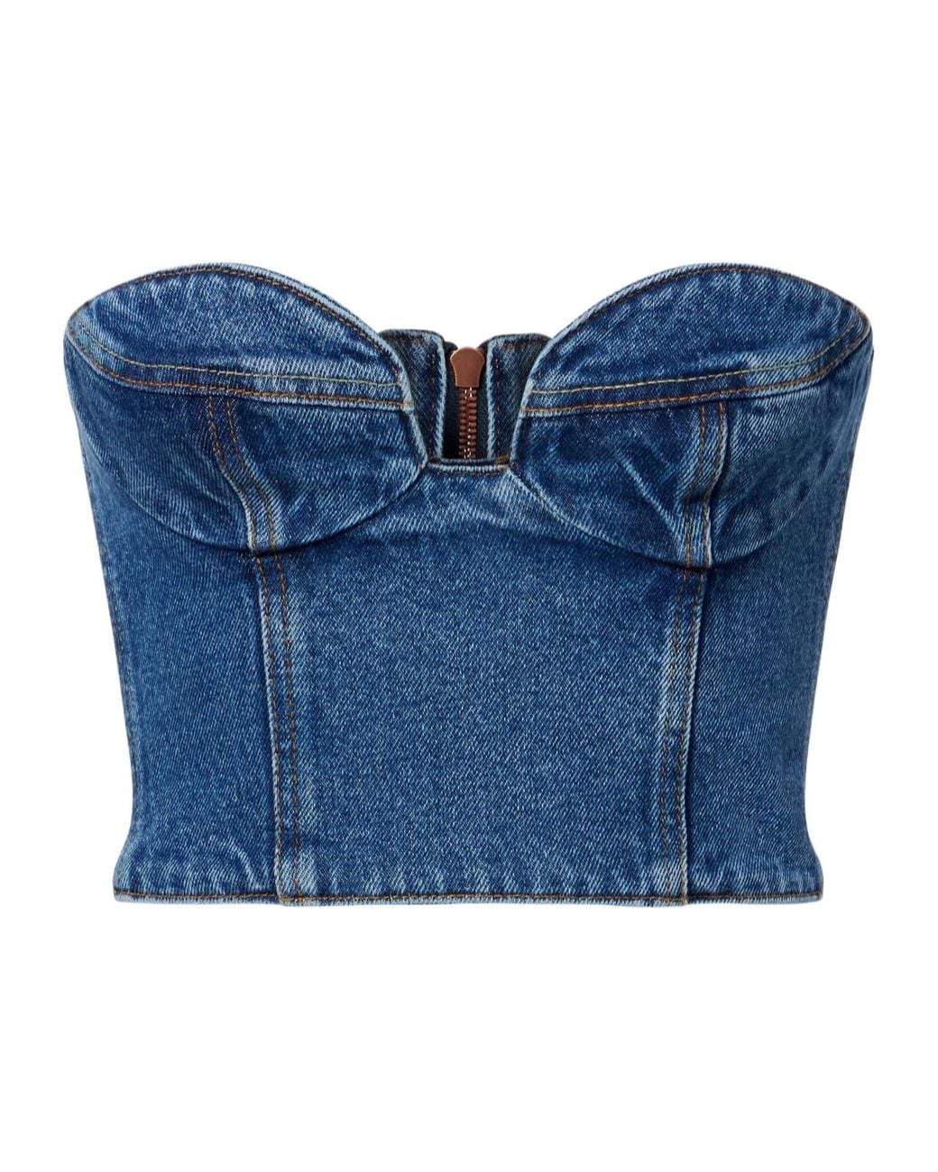 Magda Butrym Blue Floral-Appliqué Denim Bustier Top