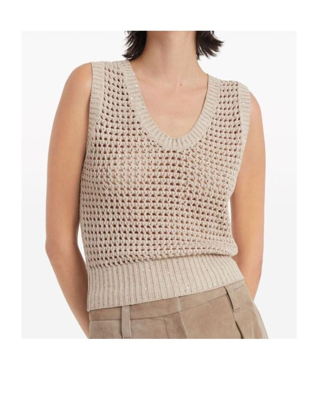 Brunello Cucinelli Natural Sequin Embellished Open Knitted Vest