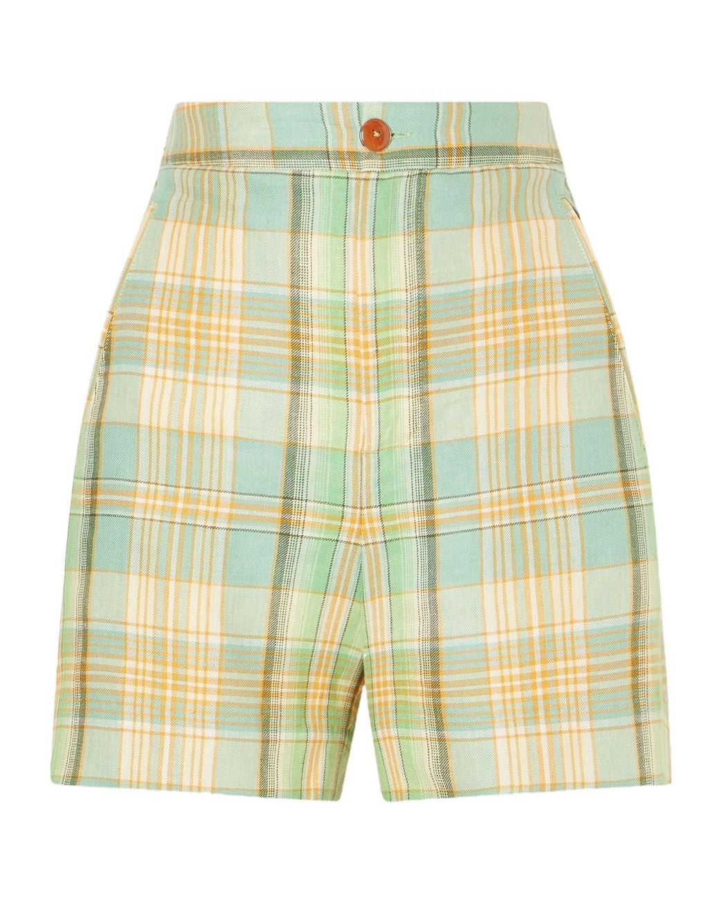 God's True Cashmere Yellow Lime Moss Checked Linen Shorts