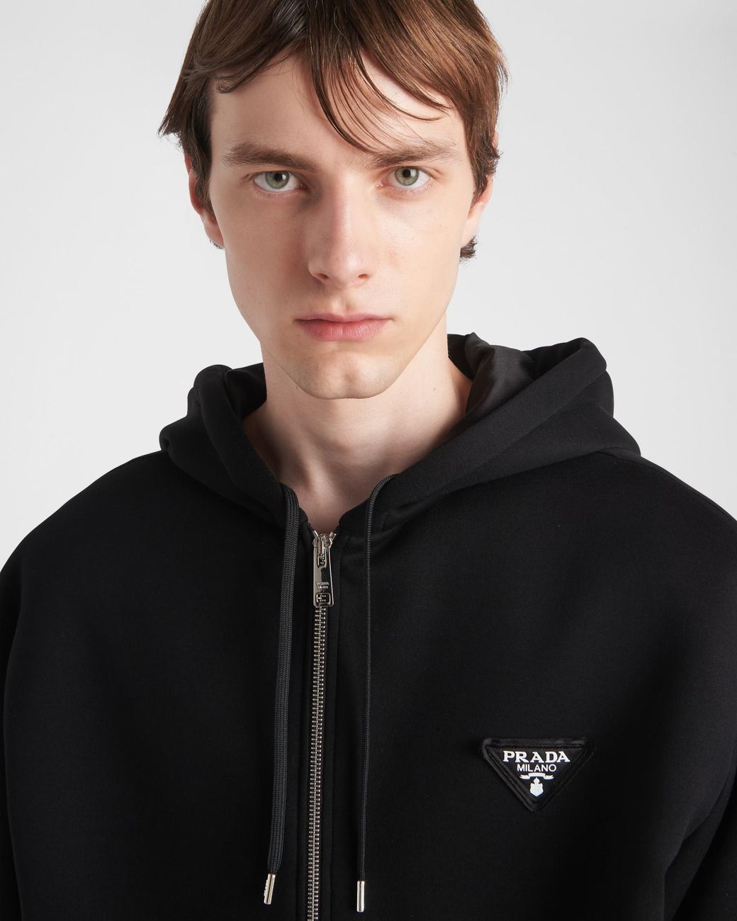 Prada Black Logo-Appliqué Zip-Up Drawstring Hoodie for men