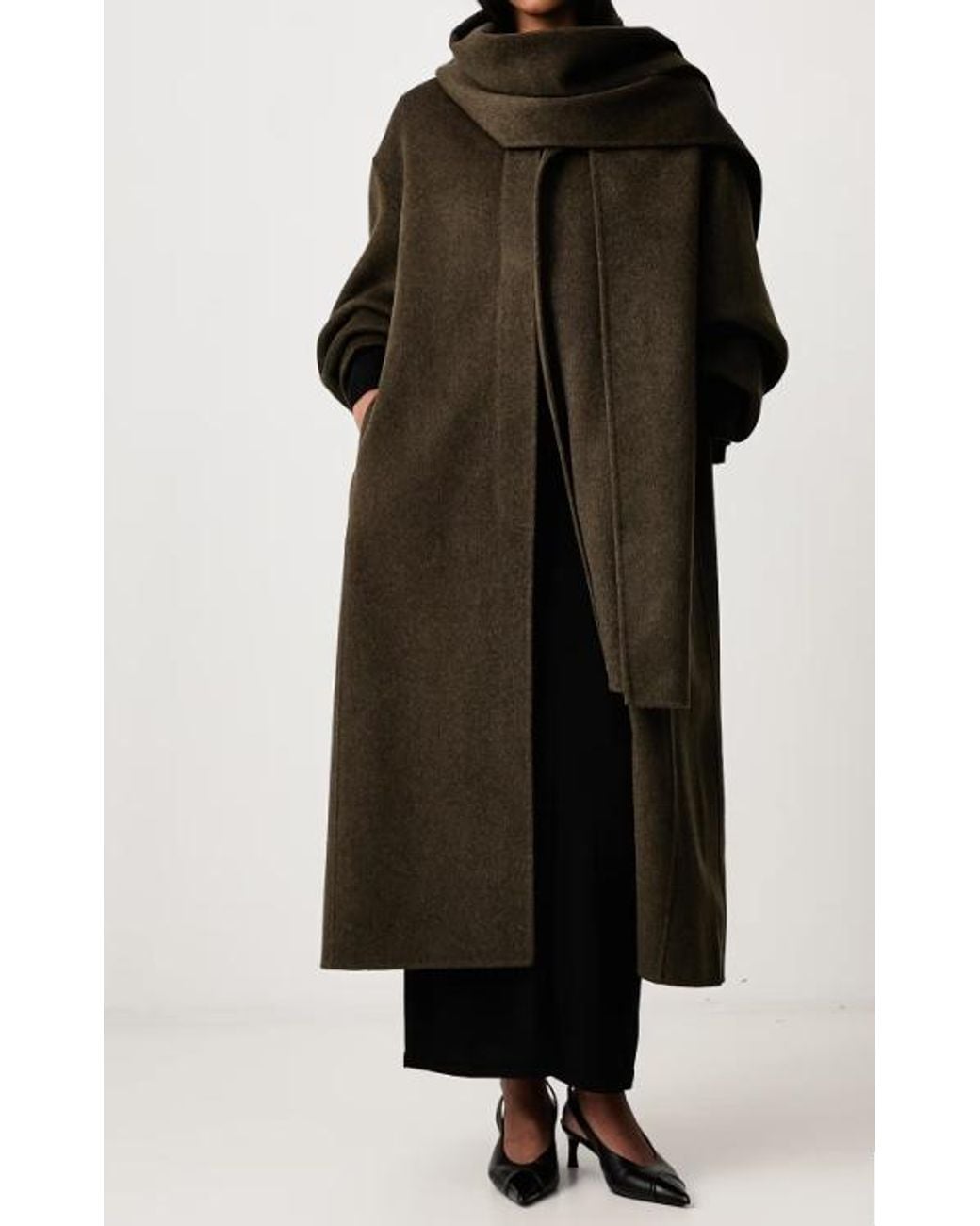 Soeur Green Scarf-Collar Wool Long Coat