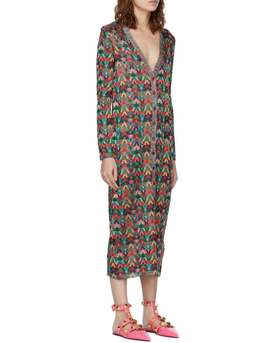 Valentino Brown Jacquard Optical-Pattern Lurex Long Cardigan
