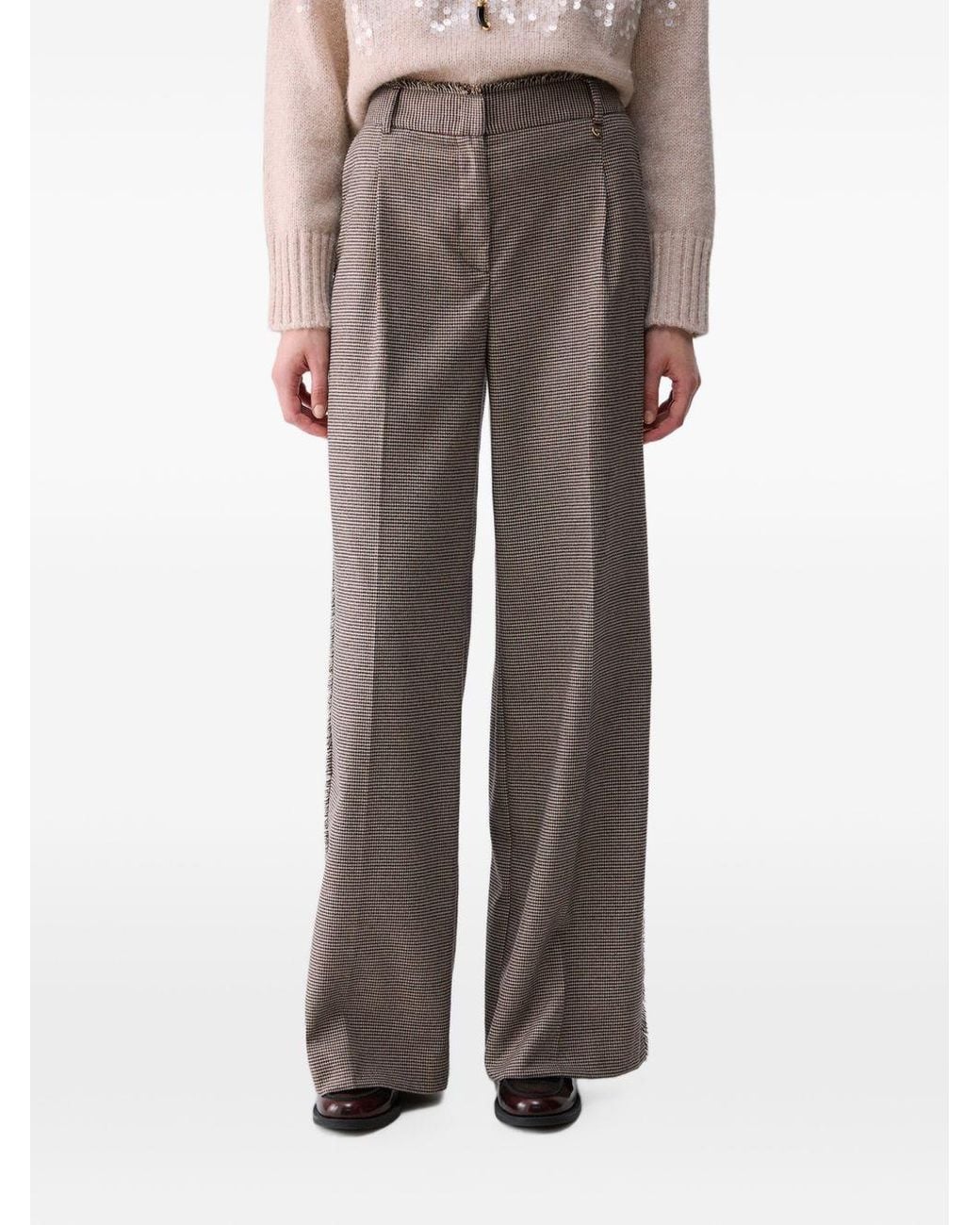 Liu Jo Gray Frayed Houndstooth Wide-Leg Pants