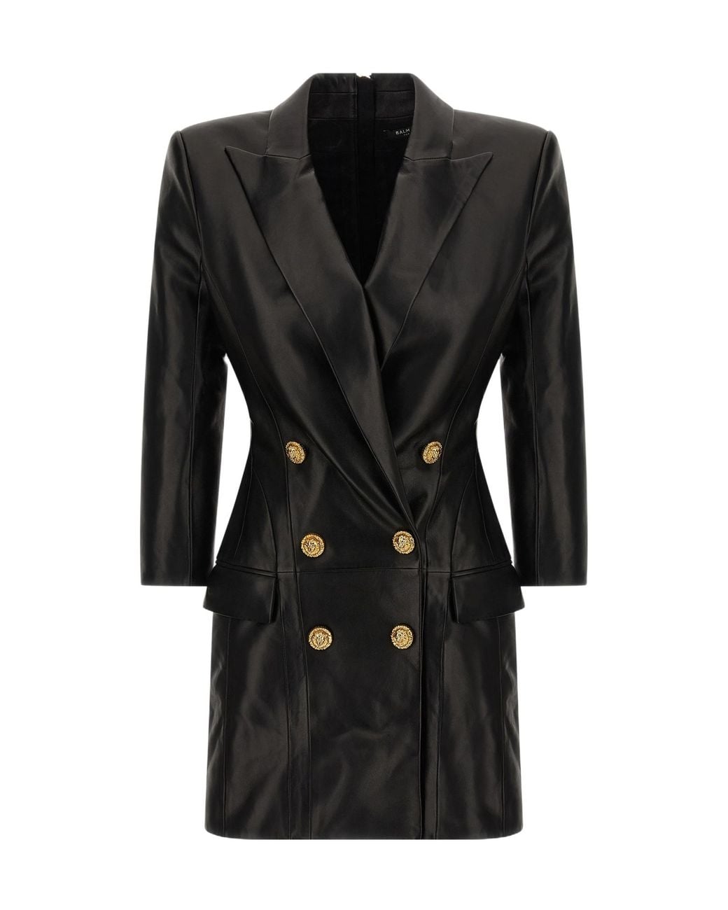 Balmain Black Double Breasted Leather Blazer Dress