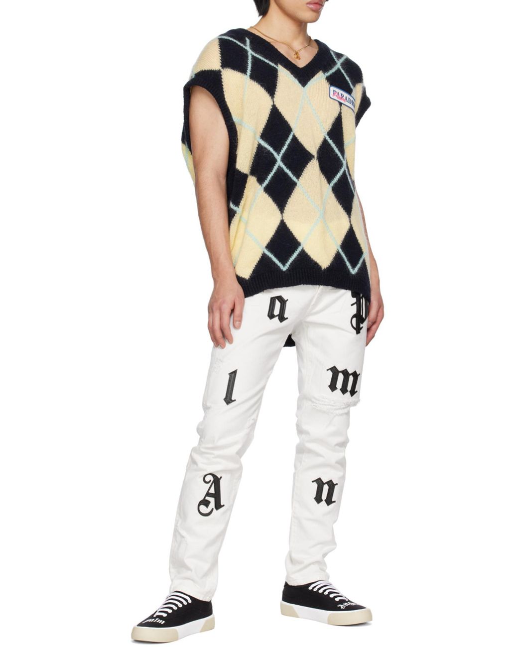 Palm Angels Blue Logo-Patch Argyle Knitted Vest for men