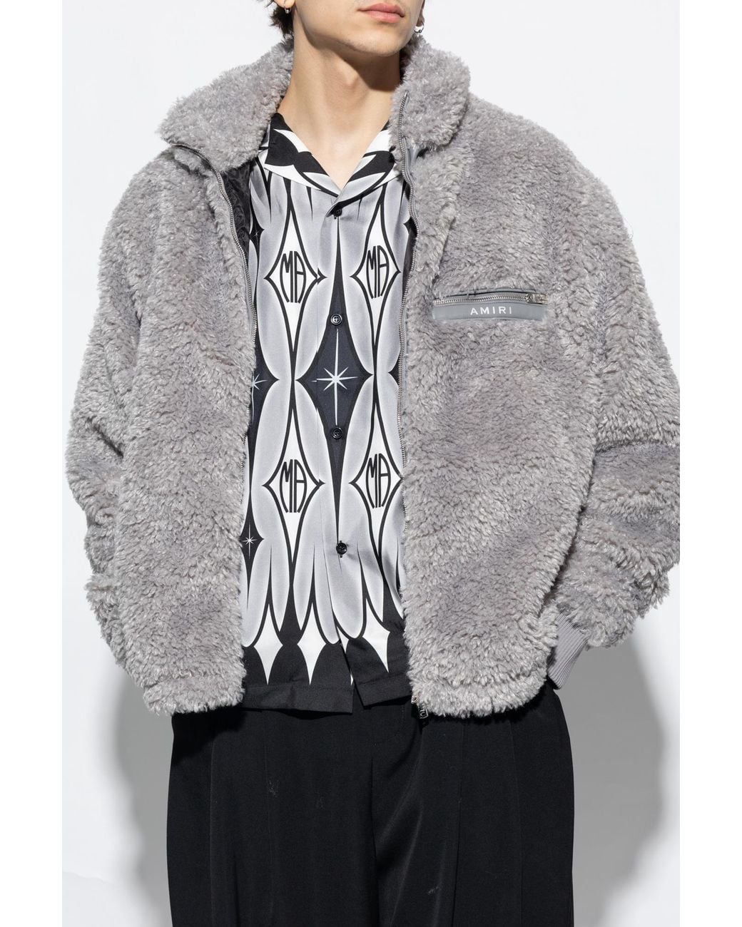 Amiri Gray Logo-Print Faux-Fur Jacket for men