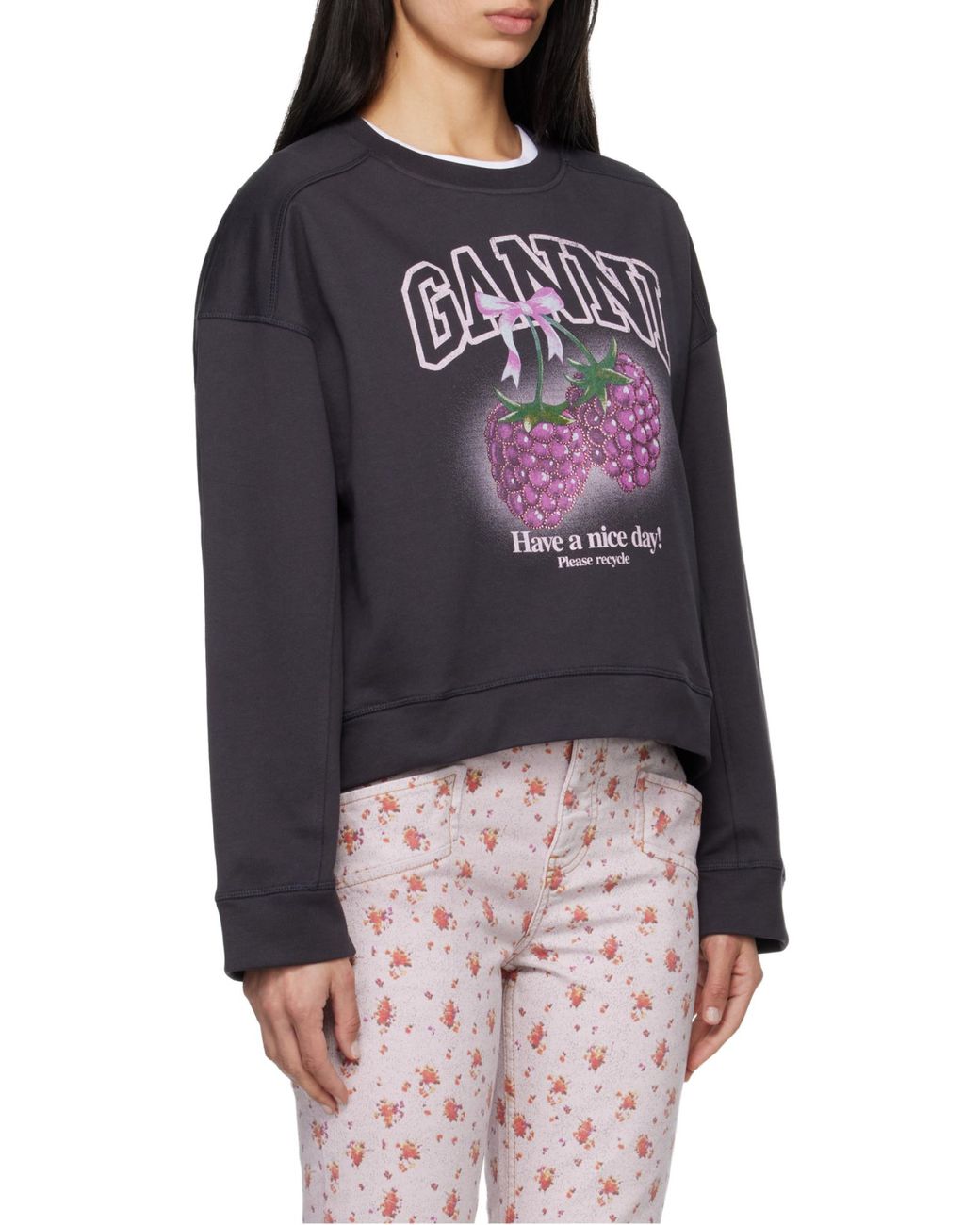 Ganni Black Raspberry-Print Crewneck Sweatshirt