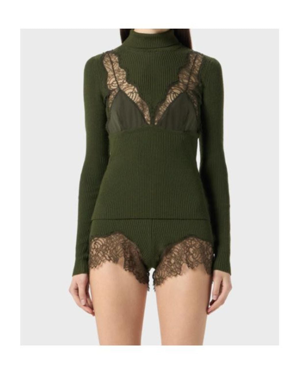 Blumarine Green Dolcevita Lace-Insert Ribbed Turtleneck Top