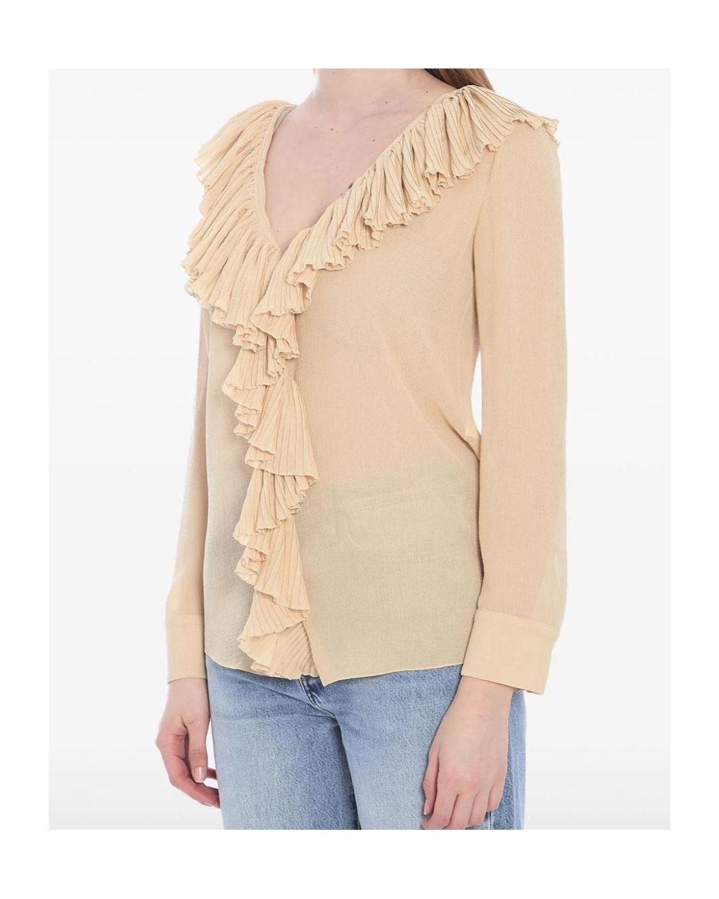 Saint Laurent Natural Ruffled V-Neck Blouse
