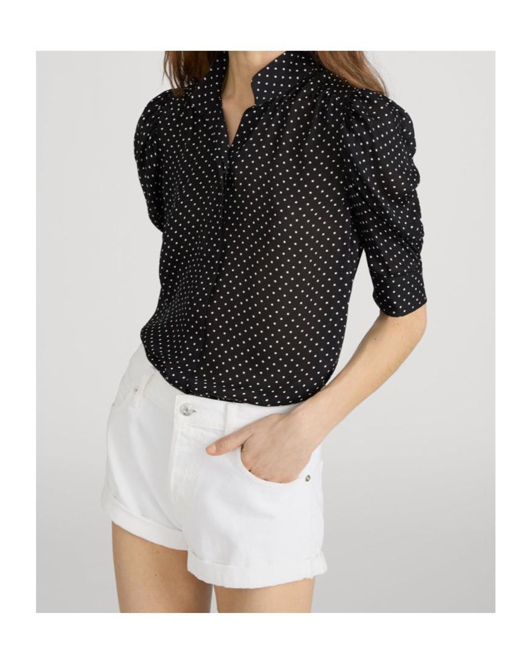 FRAME Black Ruched-Sleeve Polka Dot Top