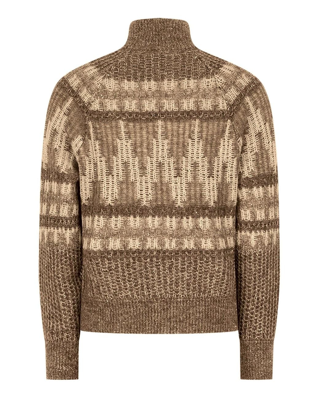 Peserico Brown Full Zip Stand Collar Patterned Knit Jacket
