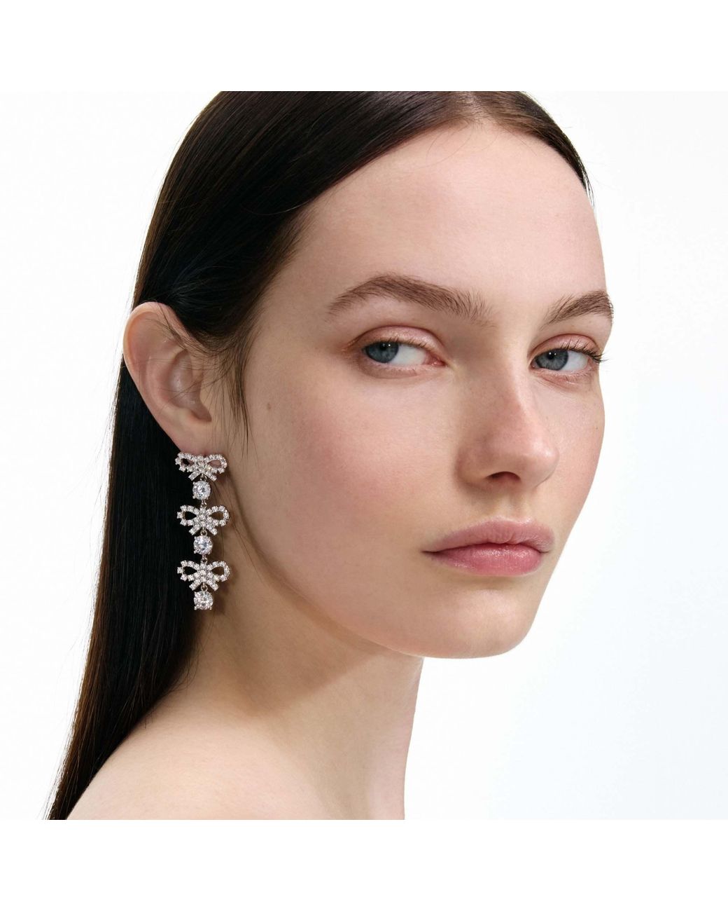 Self-Portrait White Embellished Micro Bow Tiered Earrings