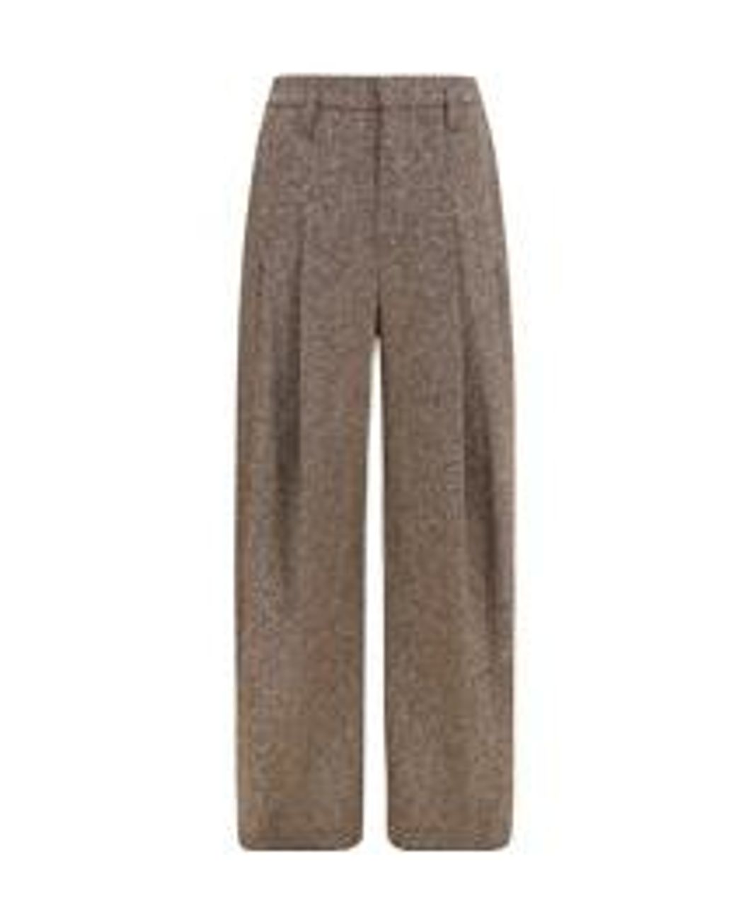 Brunello Cucinelli Natural Virgin Wool Donegal Pleated Barrel Trousers With Monili