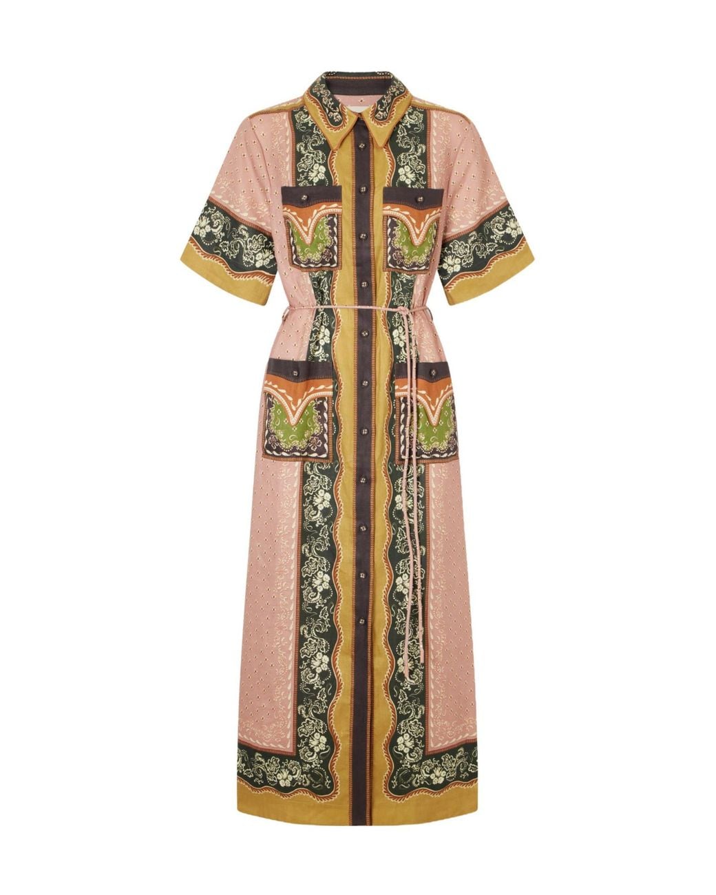 ALÉMAIS Metallic Belted Printed Hemp Midi Dress