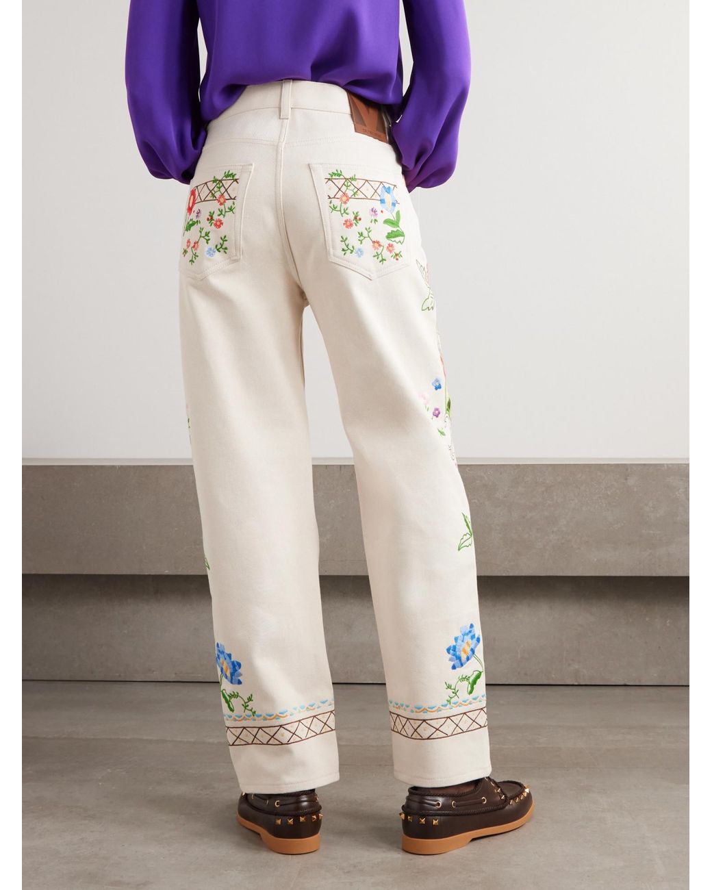 Valentino White Logo Patch Floral Patterned Jeans