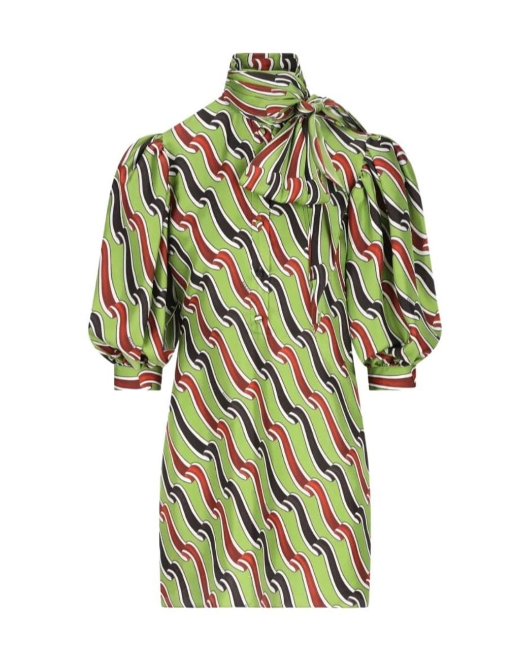 Gucci Green Printed Tie-Neck Midi Dress
