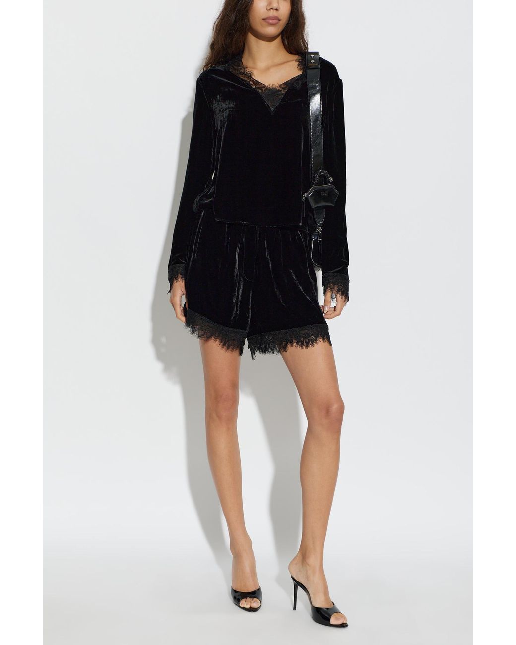 Ganni Black Lace-Trimmed Velvet Top