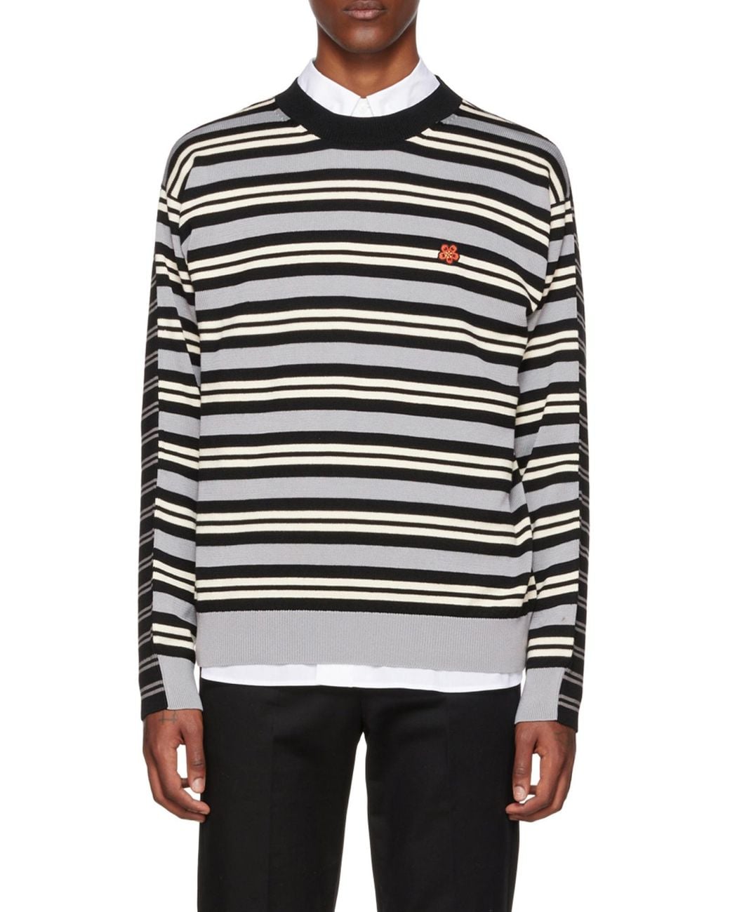 KENZO Black Flower Patch Striped Light Sweater for men