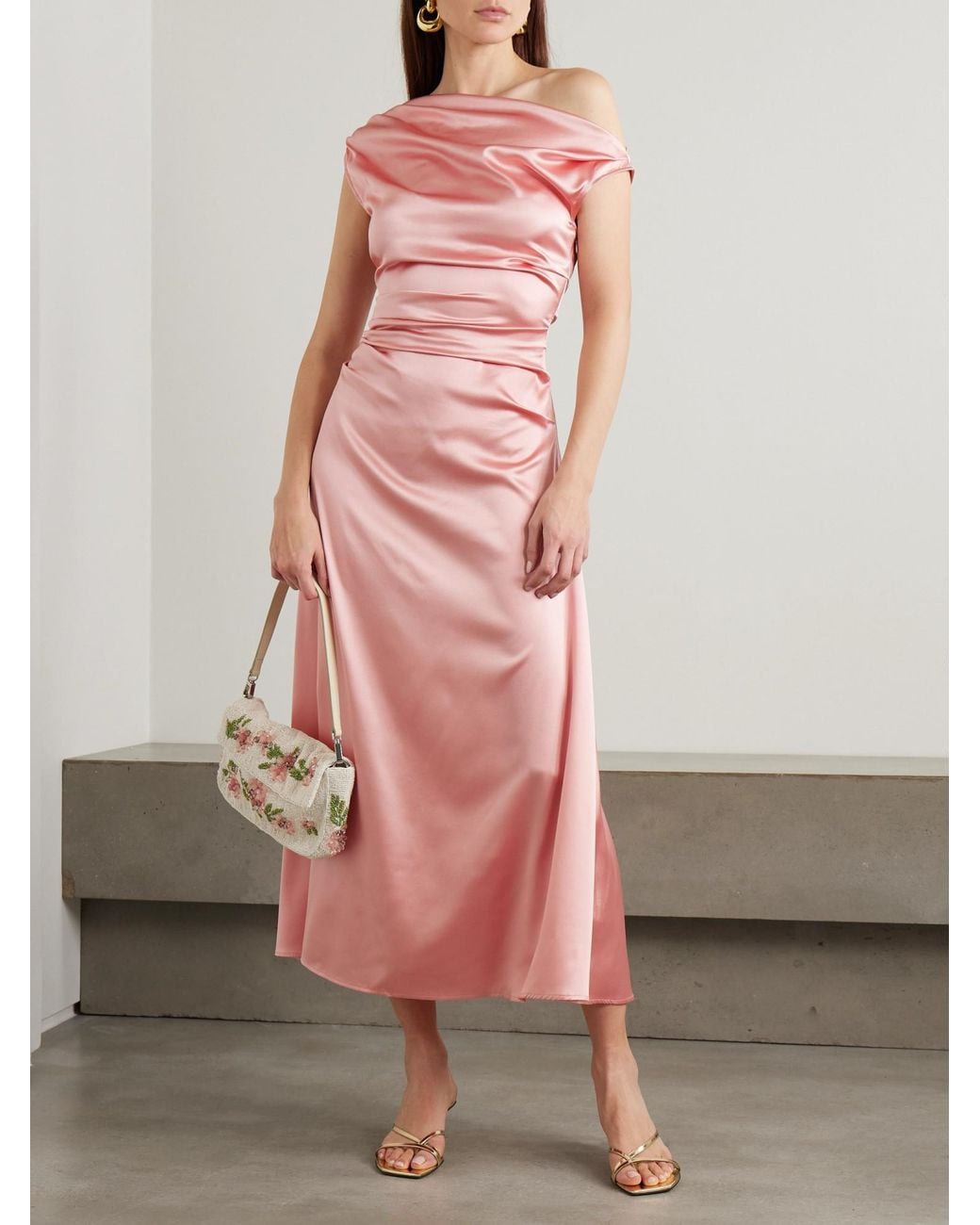 Staud Pink Phare Draped Silk-Blend Midi Dress