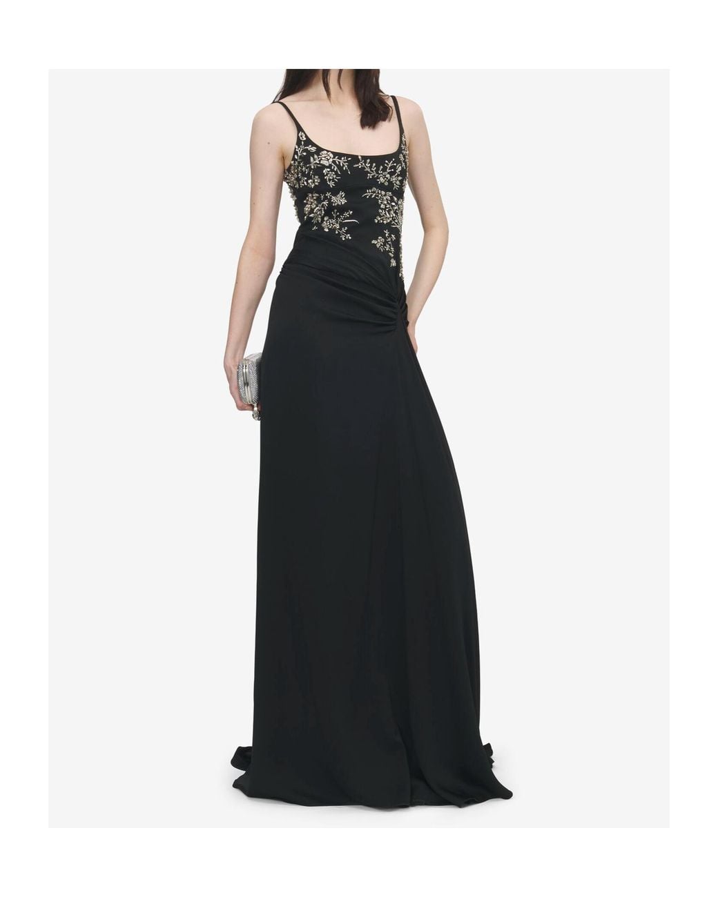 McQueen Black Floral Embroidery Evening Dress
