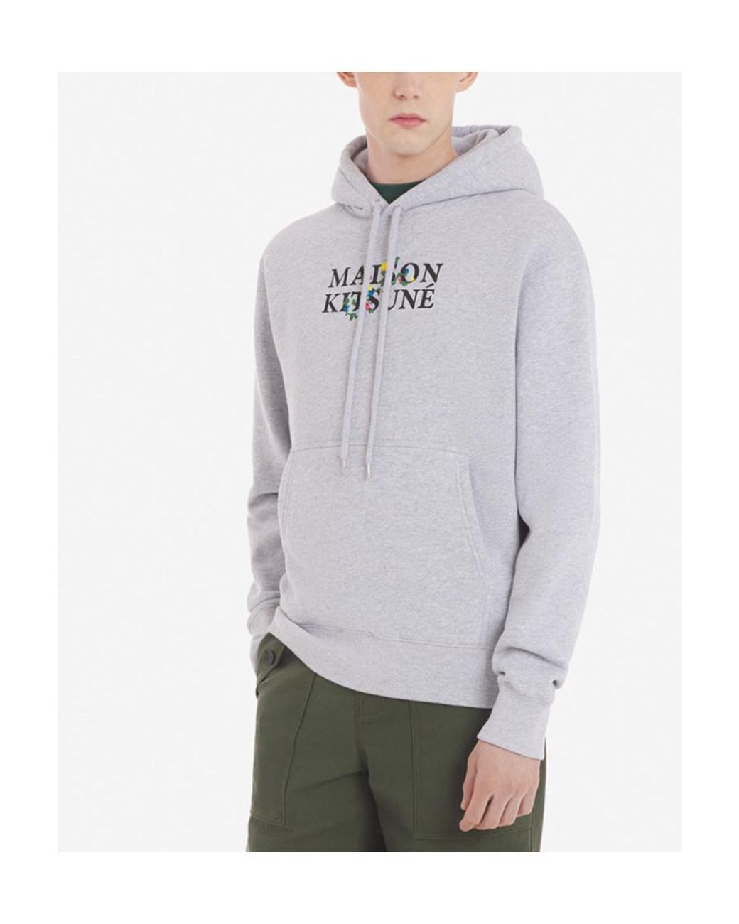 Maison Kitsuné Gray Maison Kitsuné Logo Printed Drawstring Hoodie for men