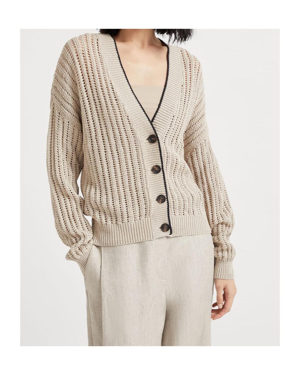 Brunello Cucinelli Brown V-Neck Contrast-Trim Cardigan