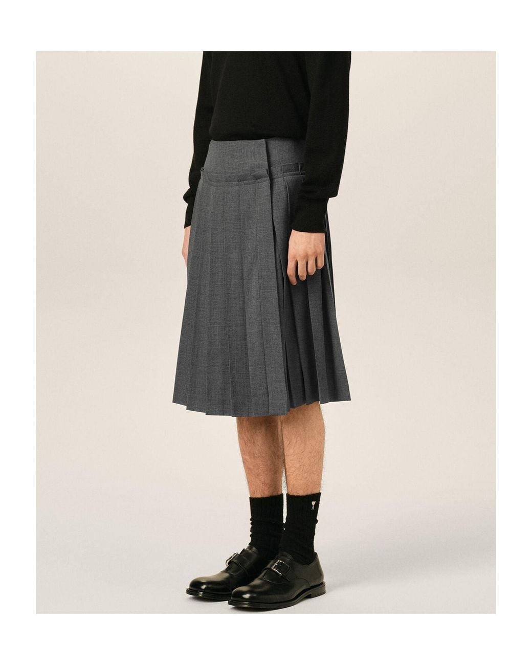 AMI Gray Mid-Length Pleated Wool Skirt for men