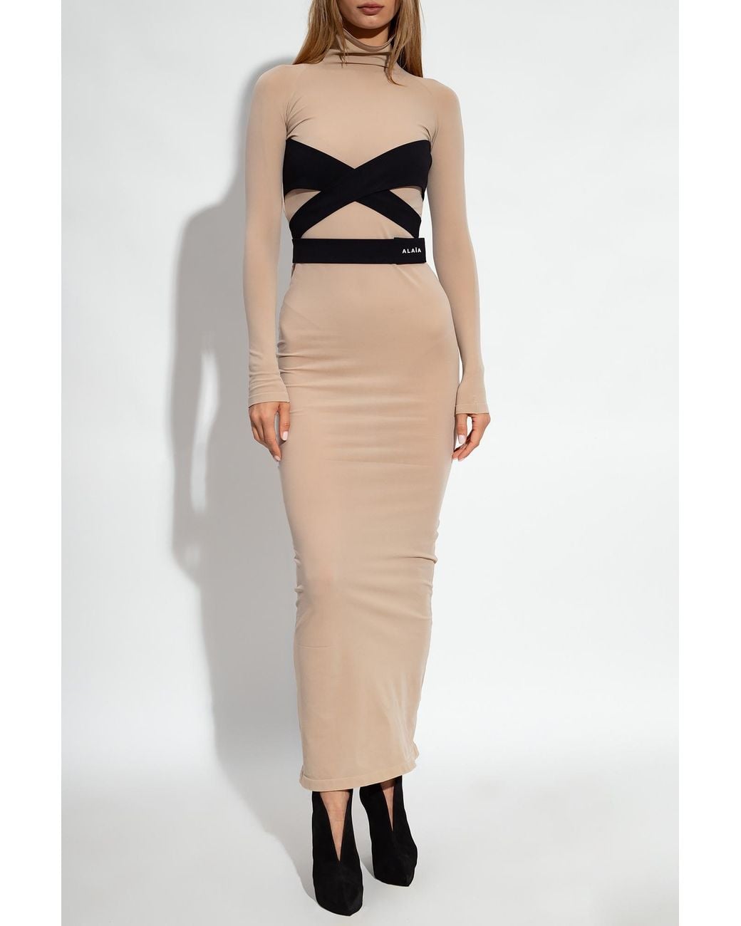Alaïa Natural Alaïa Logo Embroidered Long-Sleeved Midi Dress