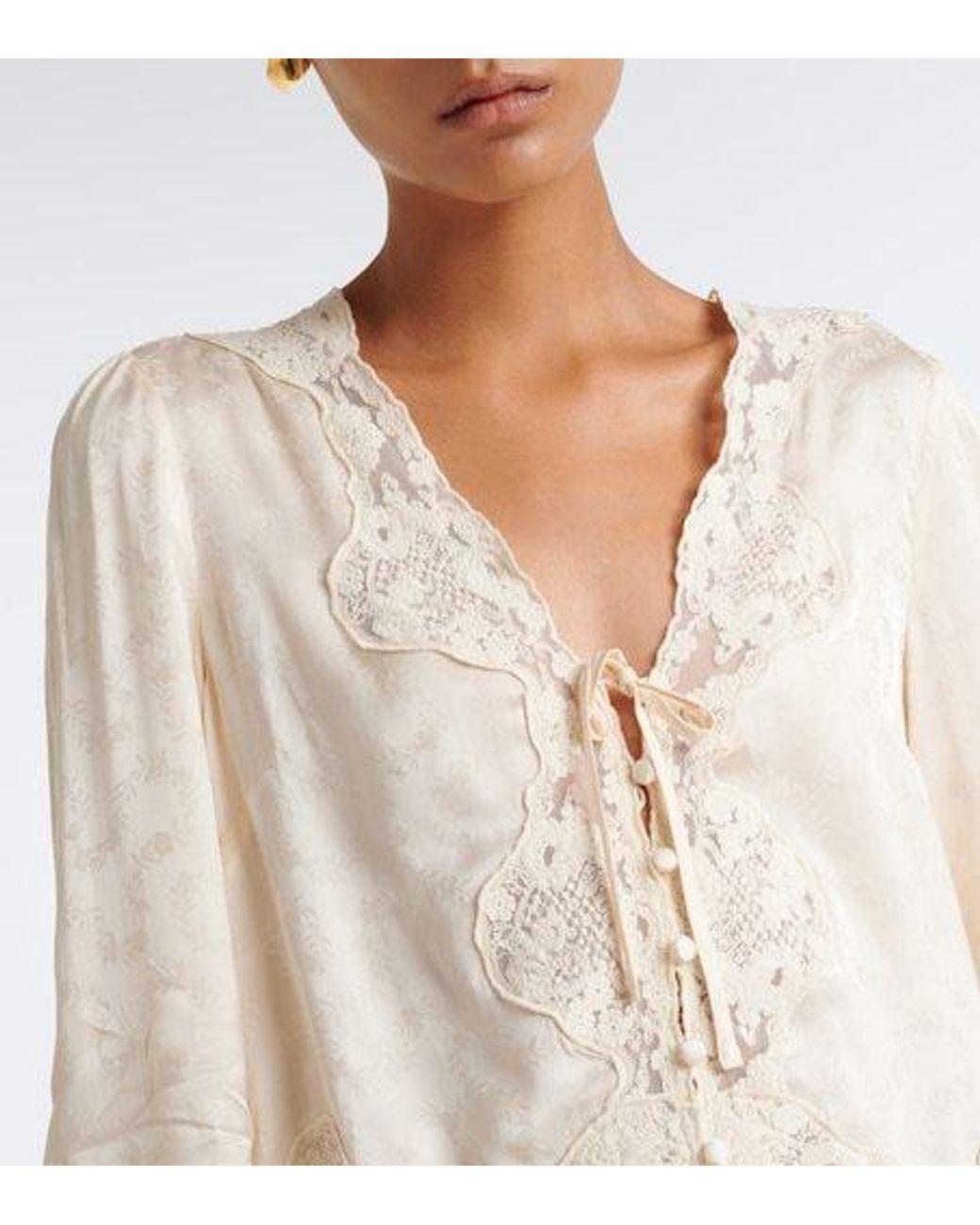 Rixo Natural Embroidered Floral Satin Blouse