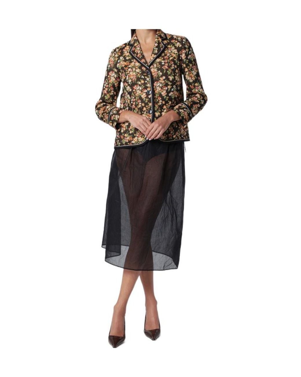 Dries Van Noten Black Floral Print Piped Blazer