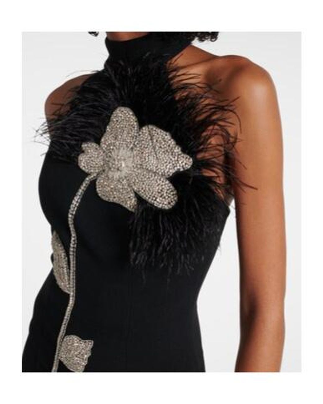 Rebecca Vallance Black Starlight Embellished Feather-Trimmed Gown