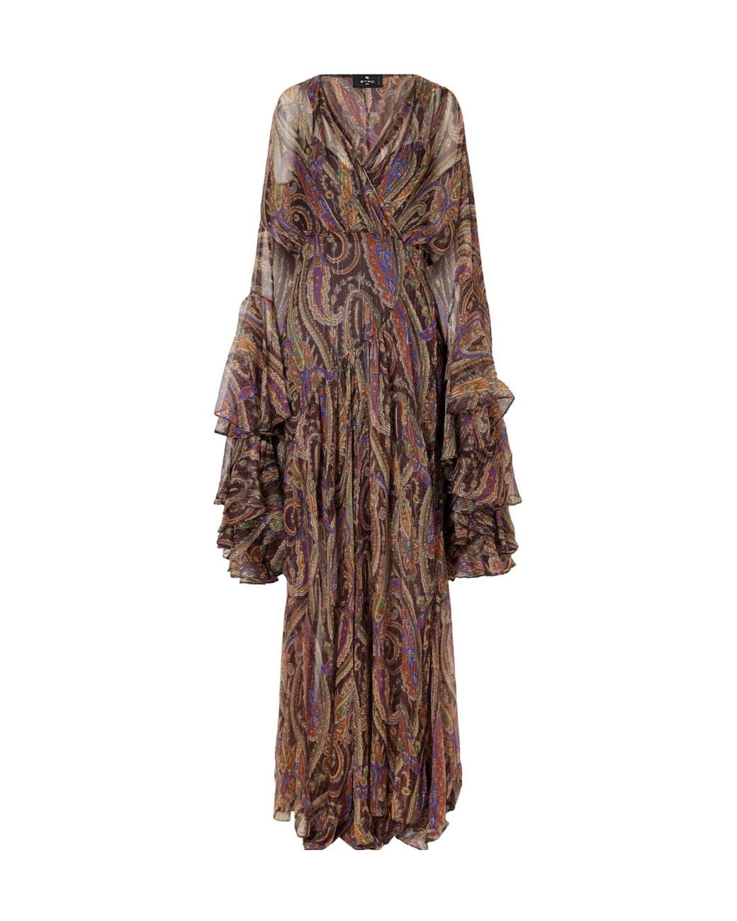 Etro Brown Ruffled Printed Metallic Maxi Dress