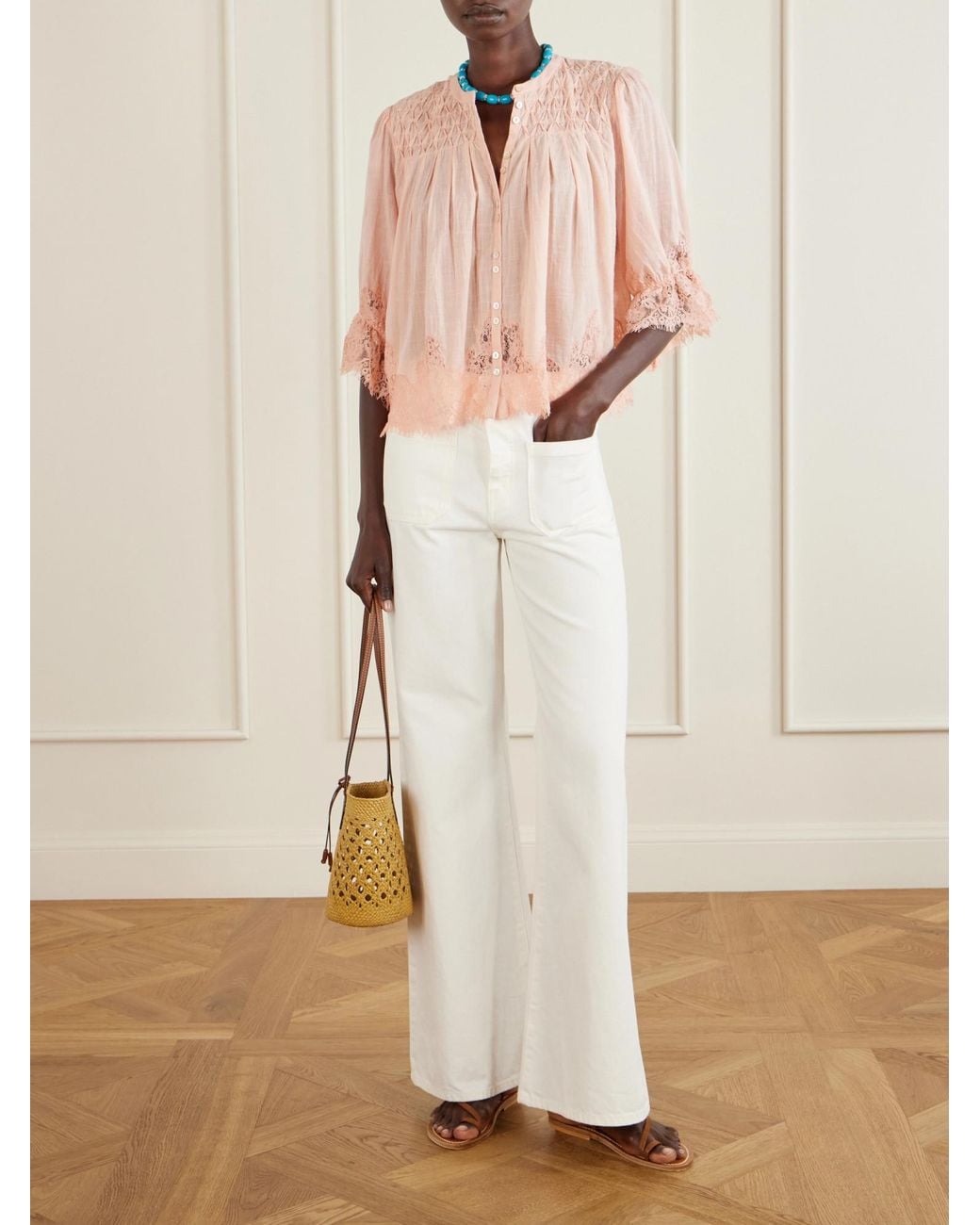 Rixo Natural Shirred Lace-Trimmed Cotton-Voile Blouse